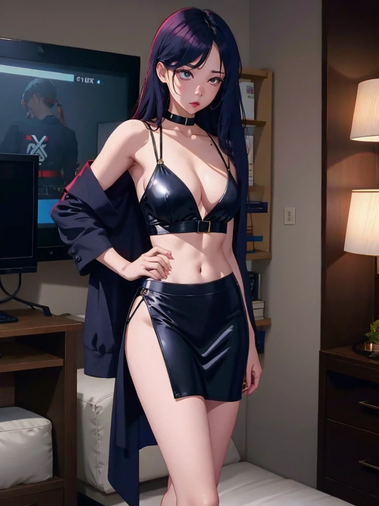 A sultry gangster girl in a revealing outfit, changing clothes in her apartment while watching anime on TV.A sultry gangster girl in a revealing outfit, changing clothes in a luxurious apartment while streaming live on Bigo