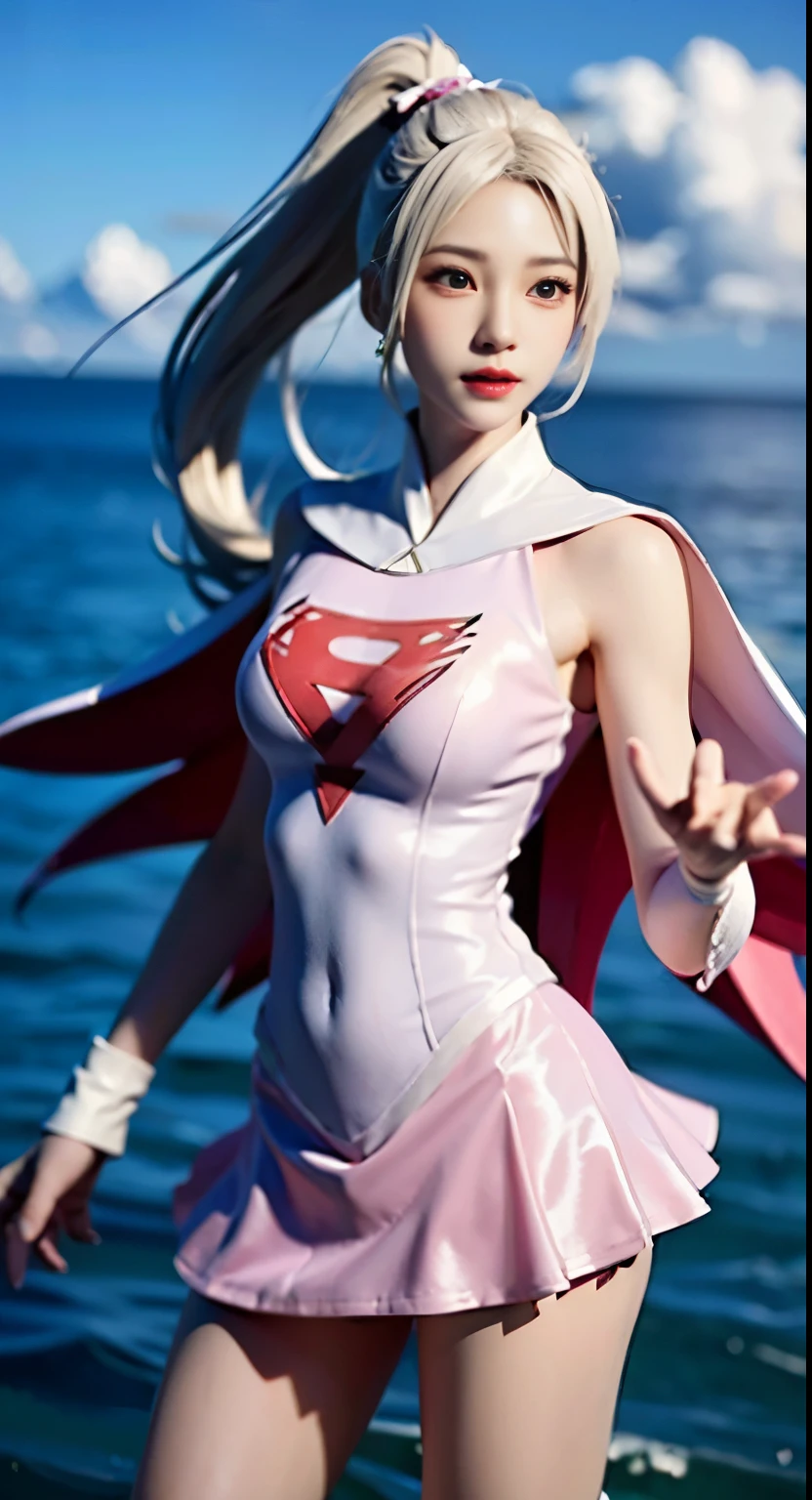 real image、beautiful woman、Highest image quality、ponytail、mini skirt、white panties、Alafi takes a photo wearing pink clothes and a cloak, V-chest open clothes, with cloak, smooth white tight clothing suit, anime girl cosplay, Superhero Girl, Trending on cgstation, anime cosplay, Cute girl in a tank suit, korean girl, Shahi, Chen Xintong, Wenfei Ye, wearing a two-piece swimsuit