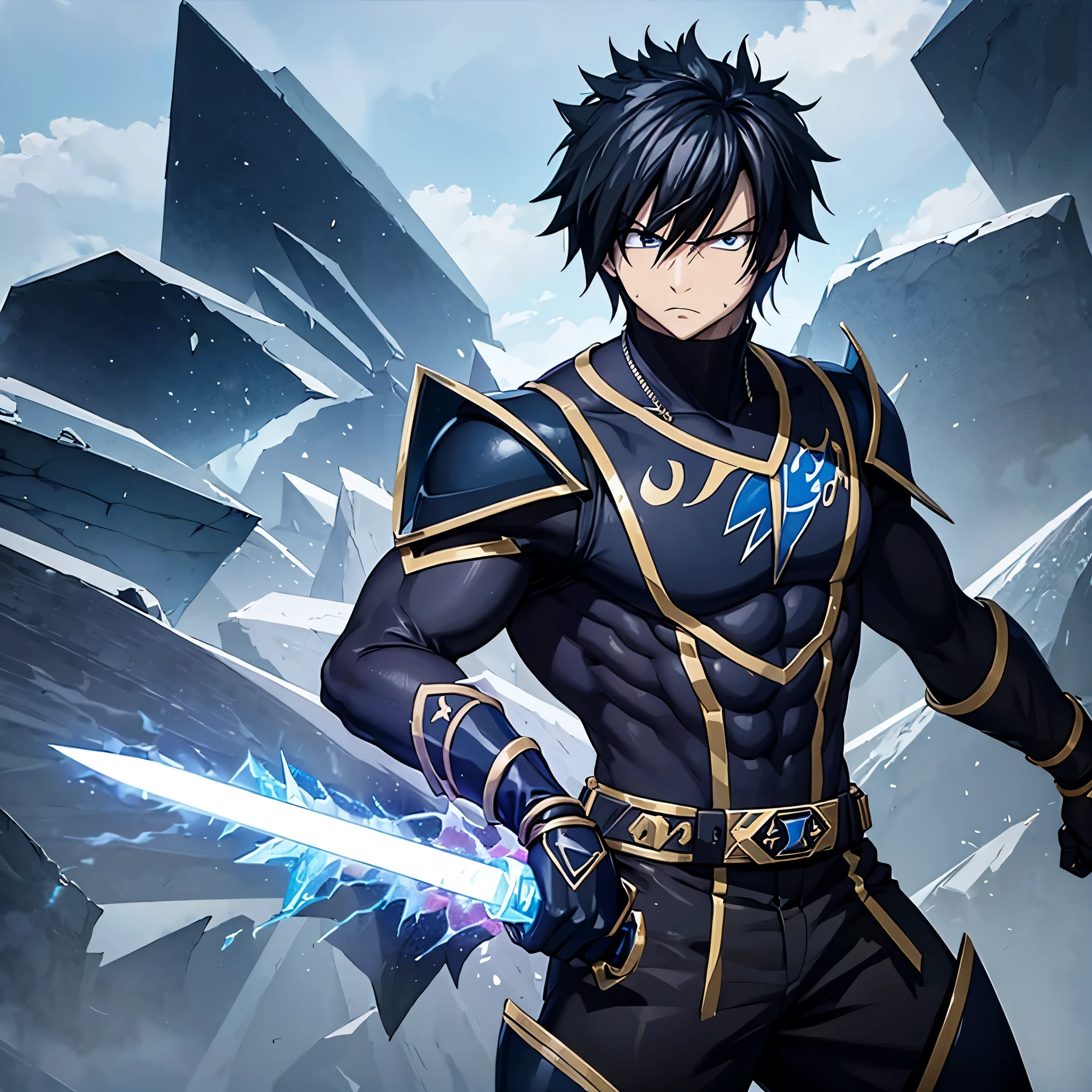 a man wearing a black power ranger uniform, holding an ice sword