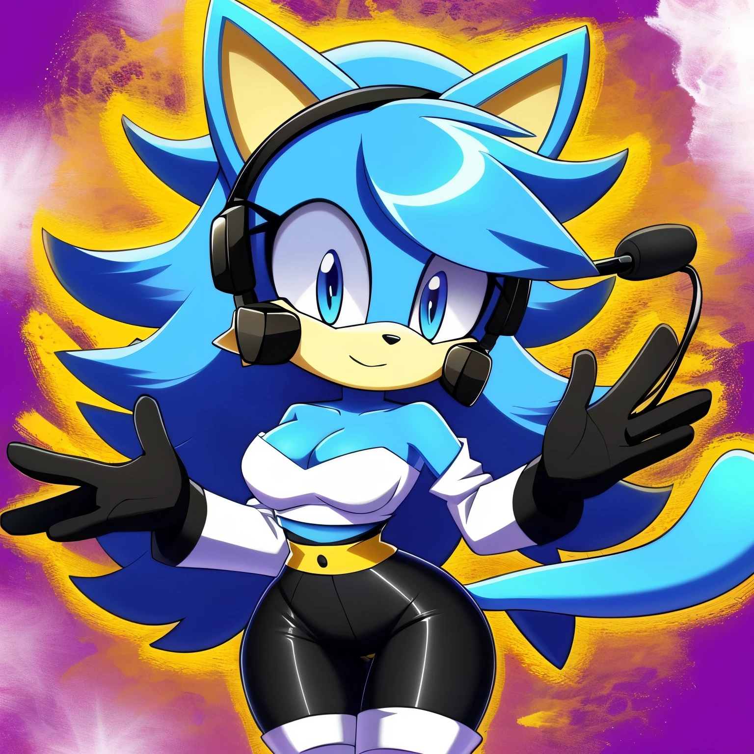 Female, Mobian, ((Cat)), long hair, large brushed hair bang over one eye, (((sky blue colored fur))), purple colored eyes, (weight or black long sleeve tube top), black short tights, black gloves, black knee high high heeled boots, cat tail, (perfect hourglass figure), (medium sized breasts), cleavage, looking at viewer, pop star, wearing a headset microphone, 2D Anime Style, 1girl, solo