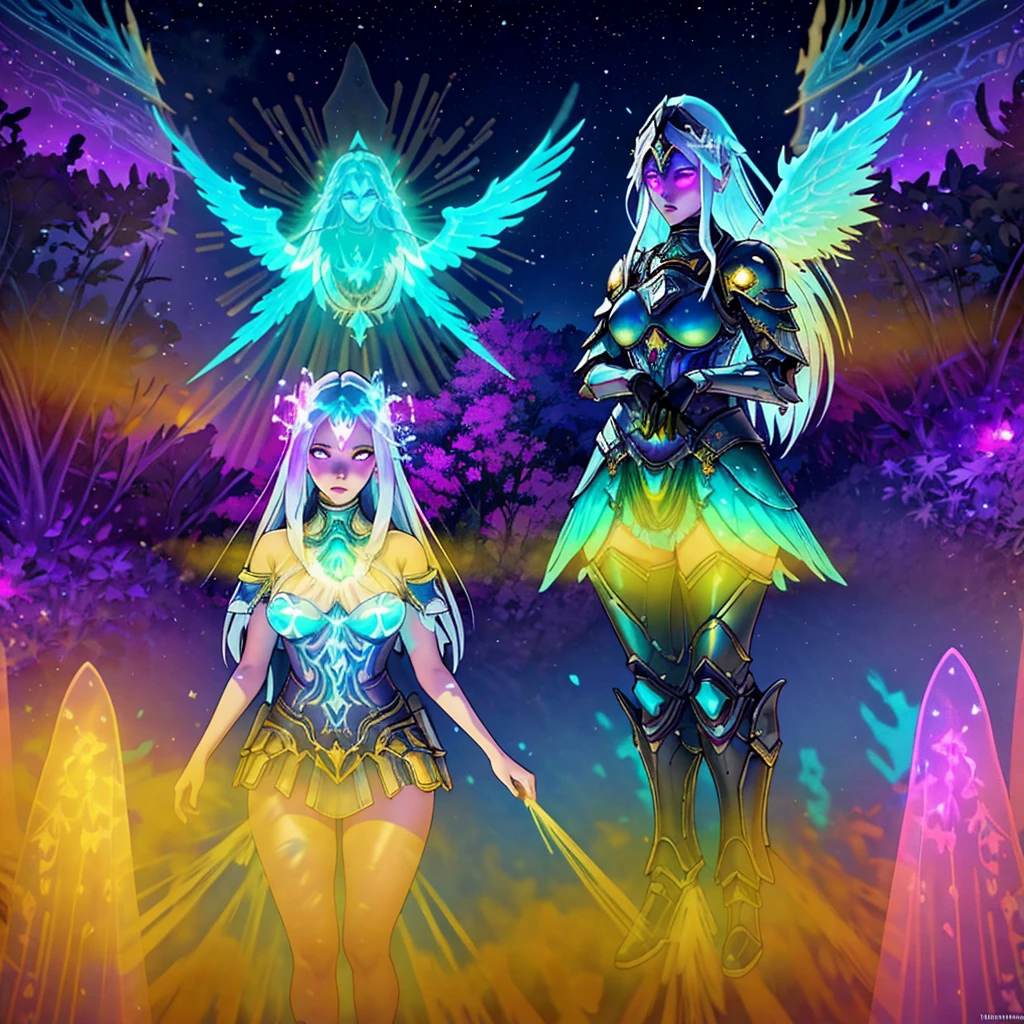 photographic image of a beautiful woman standing pearly light of her full body in ultra fine and detailed illustration of her shining silhouette of a beautiful female archangel emitting divine and sacred light through an astral and galactic landscape,con su cabello largo y hermoso de color platinado,sus ojos ,su figura muy femenina,con un hermoso cuerpo irresistible, bolubles,pechos medianos en 38 c. (((in mini anguel armor in gold and silver))), (((demonic magic sword, legendaria sagrada en color rojo traslucido))), con llamas de fuego azul))), (((deidad fantasmal:1.9))), (((translucent:1.5))), neon lights reflecting on your body (light particles), colores vivos,en contraluz transparrentes, (((intense ethereal aura))debajo de su armadura(((Borderlands 3))), (((closeup))), (((urban city environment))), (((diffuse colors))), (((rgb))), (((ultra detailed illustration of a diffuse hallucinatory woman water spirit creature))), (((complex 3d projections of ghostly translucent f