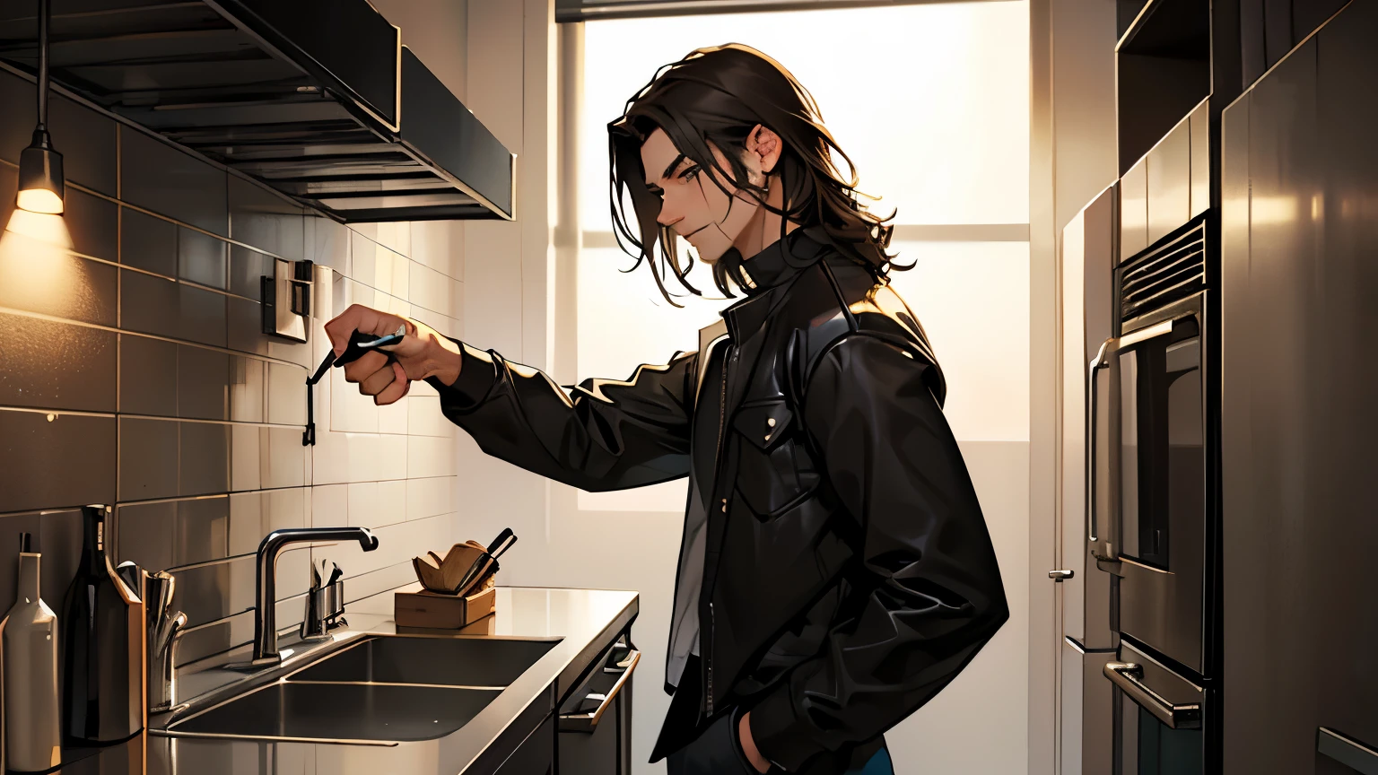 Draw a young male, with a dark hair color, and medium length hair. He is dressed casually, holding a metal lighter, and standing in the kitchen off to the side. Best quality, 1male, solo, masterpiece, detailed, face details, background details