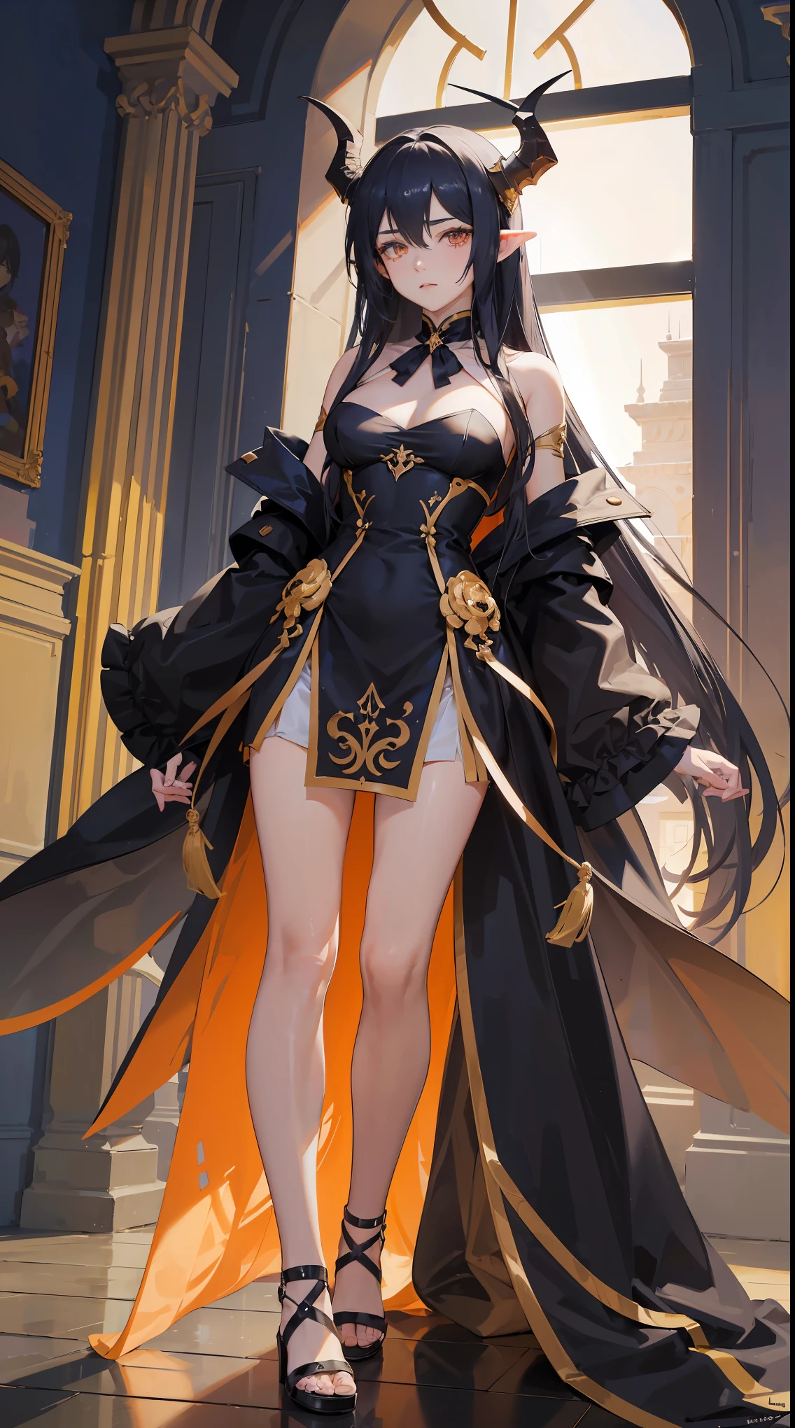 Ahoge, dyed inner hair, blunt bangs, side tail, Shiny hair, eye gradient, slit pupils, Red eyes, cat's ears, chemonomic mode, inexpressive, Brown hair, reference sheet, rococo style, high detail, anatomically correct, Super Detail