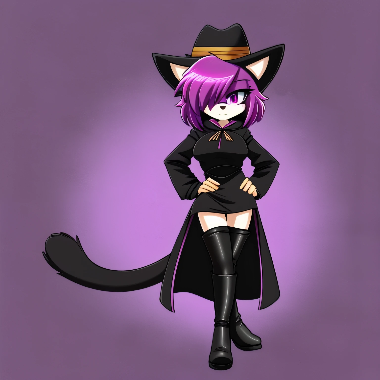 Female, Mobian, Cat, bob cut hair style, large hair bang over one eye, purplish black fur, pink colored eyes, (black long sleeve tube dress), black knee-high high heeled boots, puffy wool like hood, open dark magenta coat, very long coat, purplish black cat tail, (average sized breasts), perfect hourglass figure, looking at viewer, intimidating, (2D Anime Style), standing with one hand on hip, one hand at side, dark magenta fedora