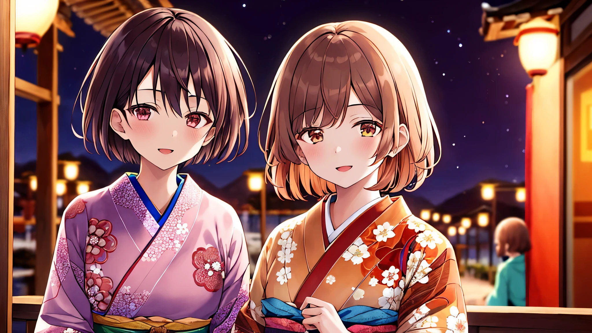 2 girls, best quality, ultra high resolution, short hair, brown hair, brown eyes, colorful kimono, looking at viewer, night, detailed scene, UHD, masterpiece, high detail, high quality, award-winning, 8k