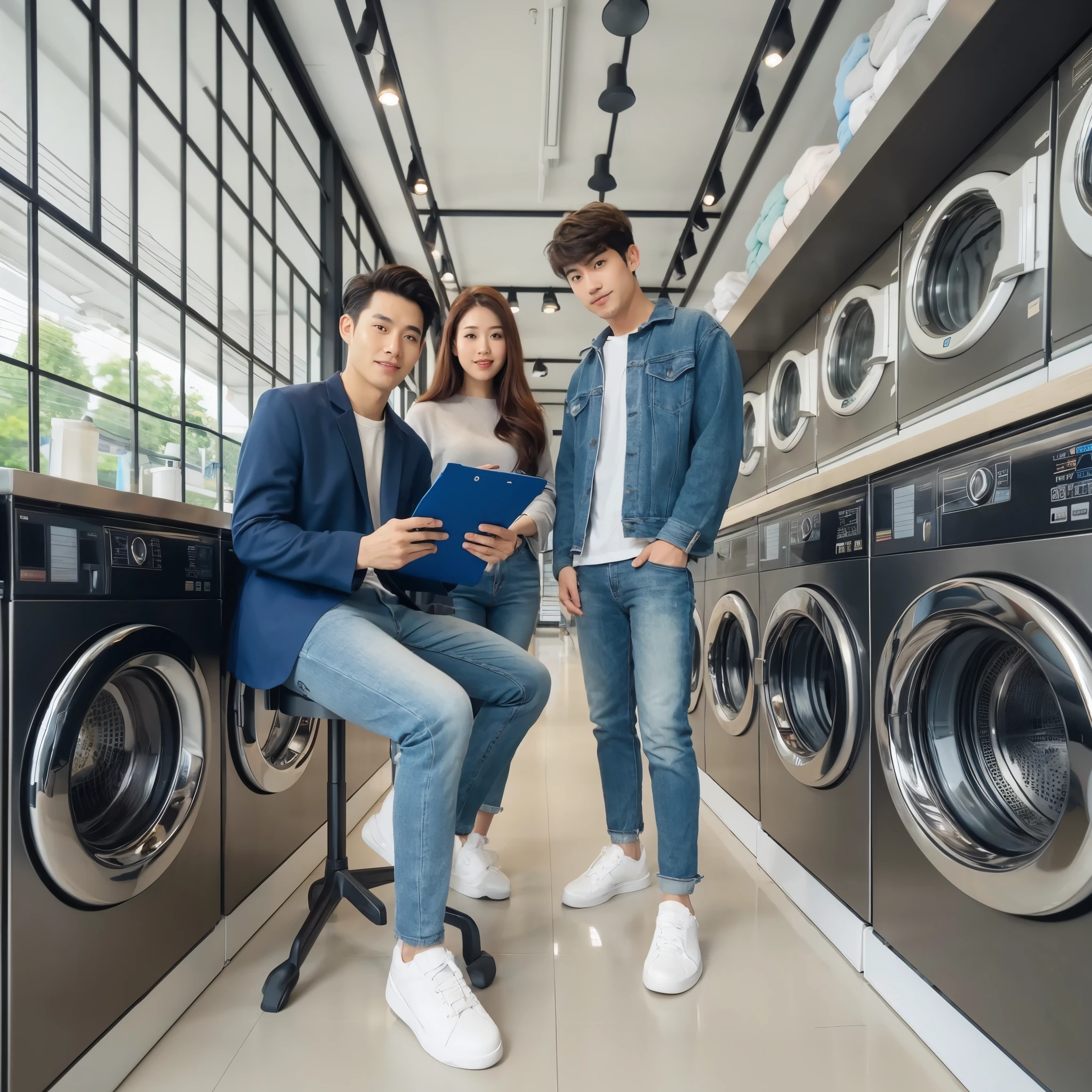 araffes are standing in a laundry room with a man and a woman, in a laundry mat, product introduction photo, commercial photography, marketing photo, advertising photo, commercial, cool marketing photo, laundry hanging, commercial photograph, advertising photography, professional, product introduction photos, washing machine, by Galen Dara, beginner, fashionable, modern look, advertisement photography, commercial photo