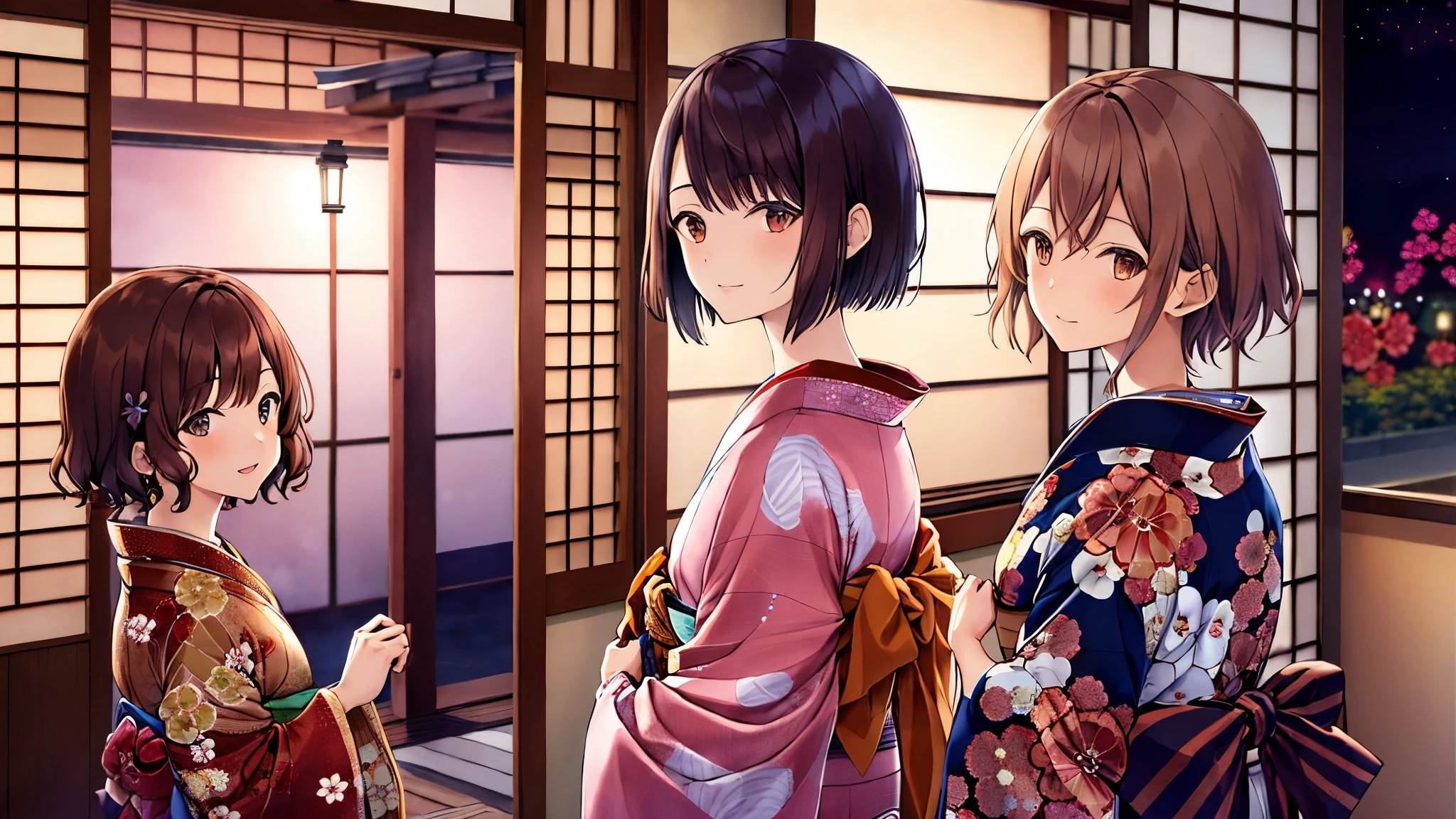 room, 3 girls, best quality, super high resolution, short hair, brown hair, brown eyes, kimono, looking at viewer, night, detailed scene