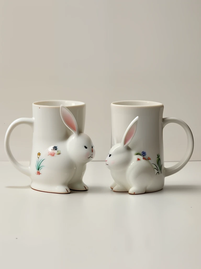 two white ceramics mugs with a rabbit and rabbit figurine on them, hand built 陶porcelain制品s, cute, Colorful hand-knotted mug, thing, cute的设计, bright white porcelain, glazed 陶porcelain制品, Made of glazed, shapes, 陶porcelain制品, rabbit, cute的十足目, porcelain, with intricate details, with intricate details, coffee cup