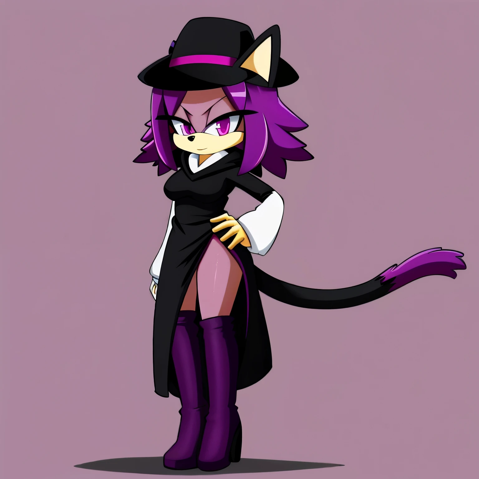 Female, Mobian, Cat, bob cut hair style, large hair bang over one eye, purplish black fur, pink colored eyes, (black long sleeve tube dress), black knee-high high heeled boots, puffy wool like hood, open dark magenta coat, very long coat, purplish black cat tail, (average sized breasts), perfect hourglass figure, looking at viewer, intimidating, (2D Anime Style), standing with one hand on hip, one hand at side, dark magenta fedora