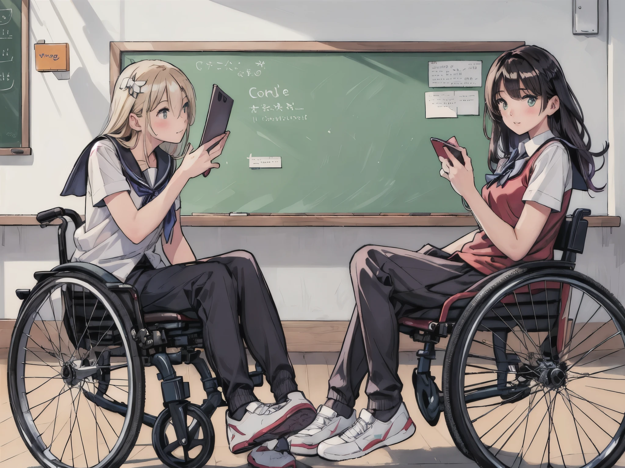 (best quality,4k,highres,ultra-detailed,realistic:1.2),inside the school,inside the classroom,two girls,shy,blush,nervous,extremely detailed eyes,faces to face,riding wheelchair,beautiful detailed eyes,beautiful detailed lips,long eyelashes,school uniform,blouse,skirt,shoes,vivid colors,portrait style,dynamic lighting,colorful scene,happy expressions,bookshelves,whiteboard,chalkboard,laptops,desk and chairs,learning materials,open windows,green plants,florescent lights