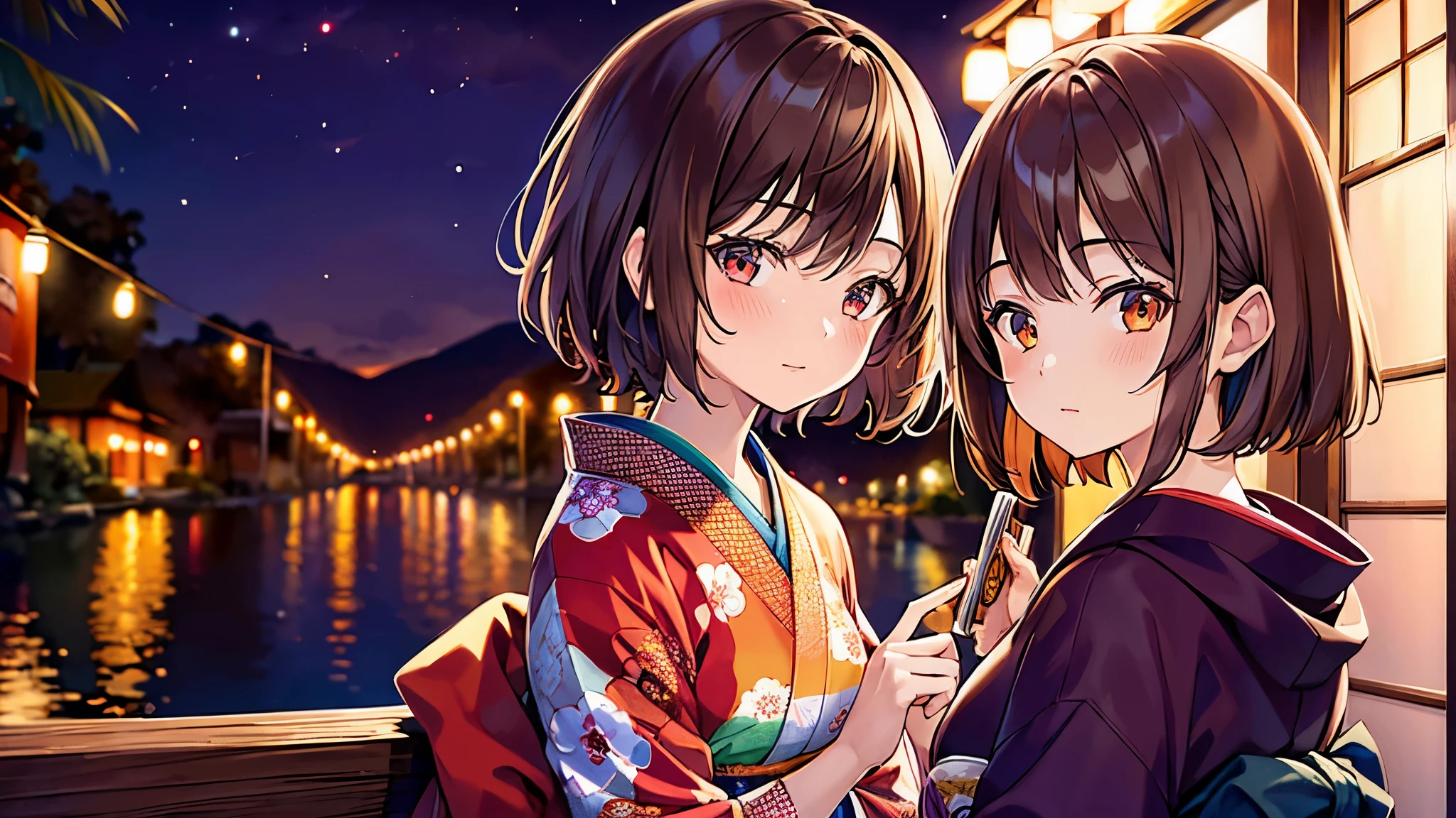 2 girls, best quality, ultra high resolution, short hair, brown hair, brown eyes, colorful kimono, looking at viewer, night, detailed scene, UHD, masterpiece, high detail, high quality, award-winning, 8k