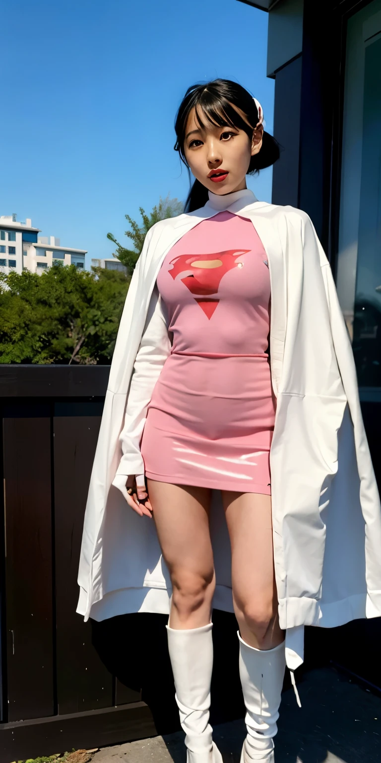 Highest image quality、real image、18-year-old美少女、ポニーテールbeautiful woman、beautiful sister、A woman wearing a pink dress and cloak is standing in front of a building, 18-year-oldの女の子,Jun the Swan、knee high boots science ninja、white panties、beautiful woman、 As a retro-futuristic heroine, 18-year-old、As a retro-futuristic heroine, beautiful thighs、sheila, she - ra, anime female hero portrait, Portrait of a modern dharna, anime visual of super girl, super girl, official art, Dinah Drake, hironaka, Blowjob White Mecha Miniskirt