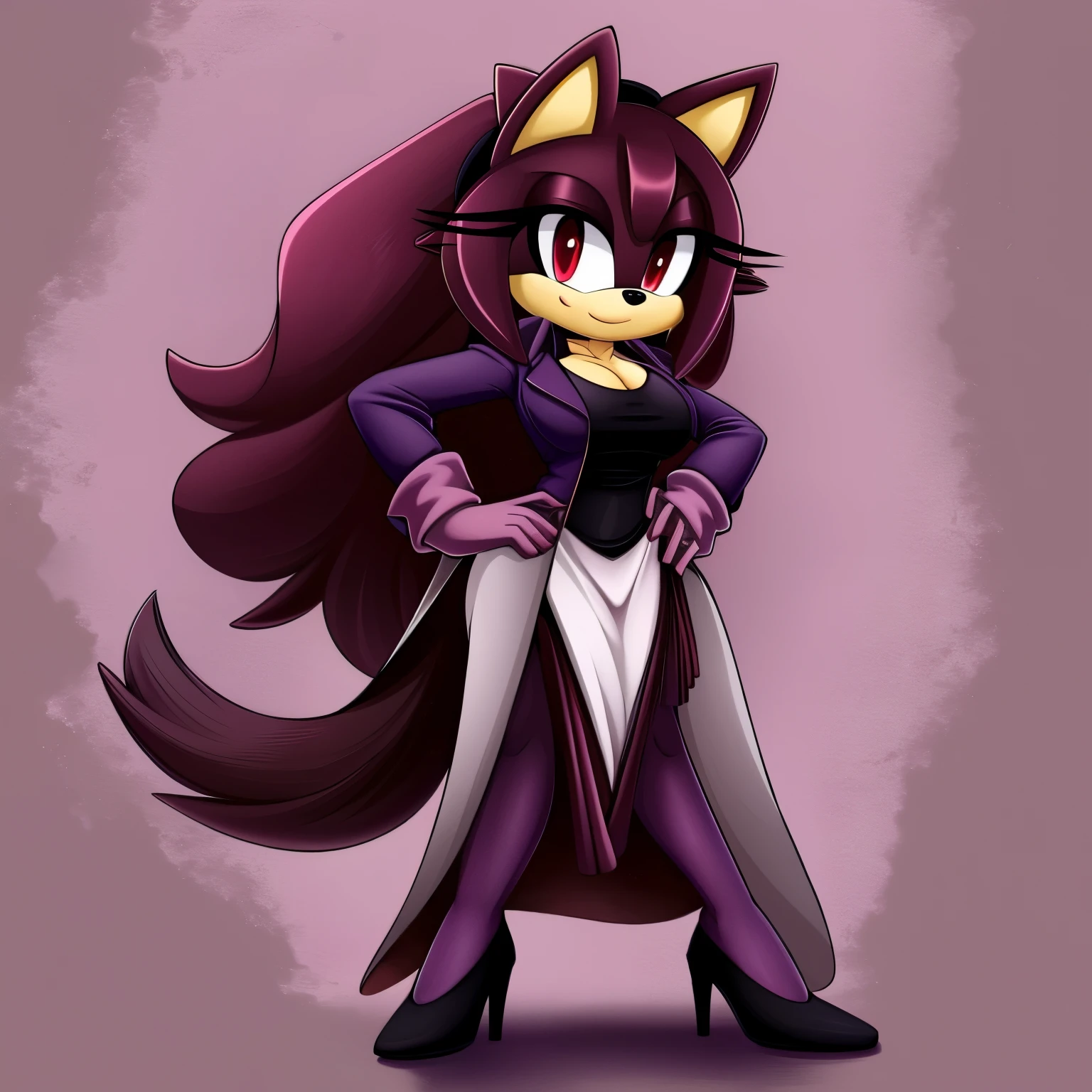 Female, mobian, dark purplish maroon fur, (long sleeve), black tube dress, ((long coat)), (dark purplish maroon lab coat), (black high heels), red eyes , red eyes, (average sized breasts), cleavage, lab coat over dresasterpiece)))), Female, Mobian, Cat, Amy Rose hair style, large hair bangs, dark purplish maroon fur, red colored eyes, (black long sleeve tube dress), black high heels, open dark purplish maroon coat, (((open lab coat))), (very long coat), dark purplish maroon cat tail, (average sized breasts), ((perfect hourglass figure)), looking at viewer, one hand on hip, one hand at side, dark purplish maroon witch like hat