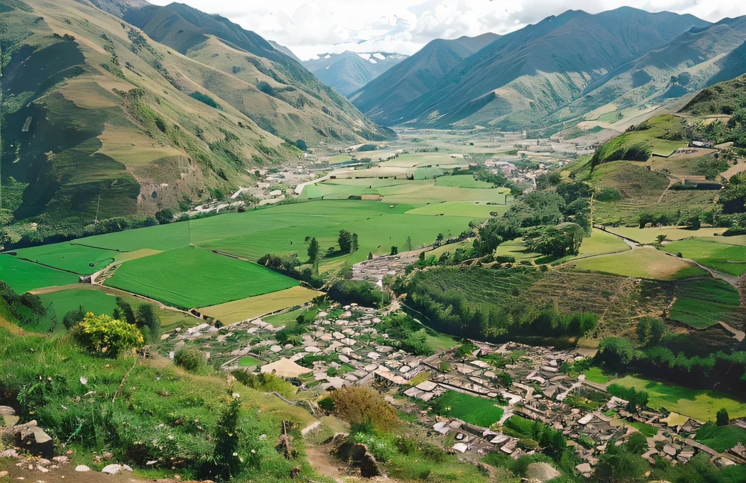 arafed view of a valle with a river and a village, Andes, quechua!!, Peru, pintoresco, lush valle, lovely valle, quechua, quechua!, Still, green valle below, looking down at the valle, Huertos y estanques en terrazas, the middle of a valle, Peruvian, parches de campos verdes, valle