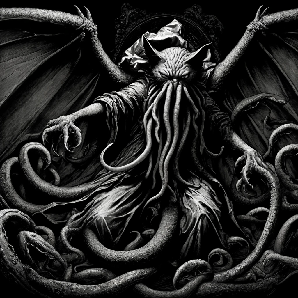 High Resolution, High Quality, Masterpiece Cathulhu(Cthulhu the cat), blending the ominous essence of Cathulhu and the whimsy of a cat with wings and tentacles, infiltrates our world, rendering in high-contrast chiaroscuro with Louis William Wain flair, joyfully absurd, alcohol ink sketch, featuring hyperrealism, surrealistic elements, impeccable composition, masterclass in detail akin to the works of Raphael, Caravaggio, Greg Rutkowski, Beeple, Beksinski, and Giger, trending like