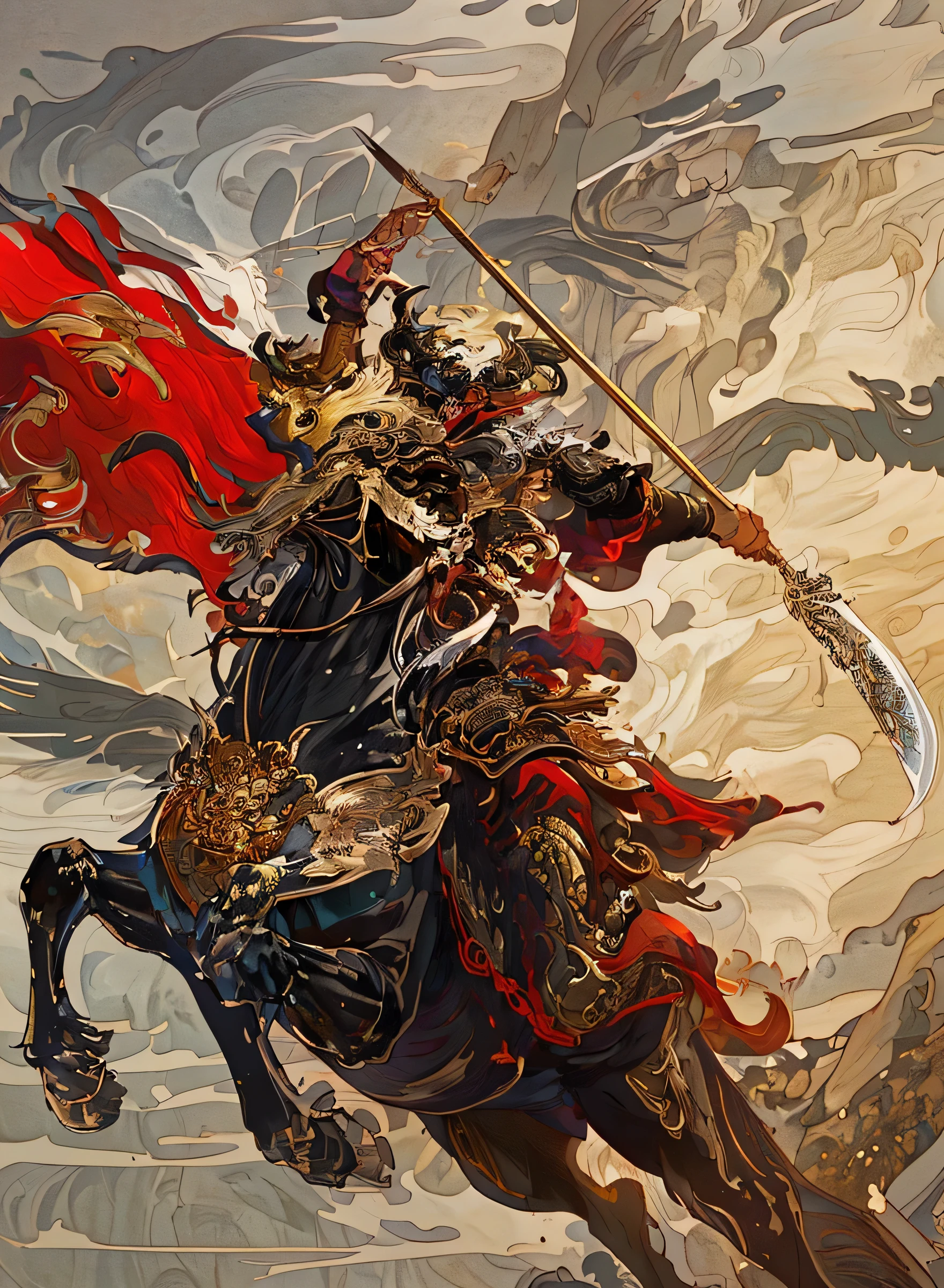 ((Unreal Engine 5)), Photorealistic rendering, Excellent, (Full set of samurai armor), (Cuirassiers), (Cloak), (Samurai at the helm), looking at camera, standing in the studio, General of the Three Kingdoms, Huang Zhong, Riding a war horse，Wearing golden armor，Yellow and black robe，Holding a silver-gold gleaming knife in his hand，There is a tremor in the waist，Powerful close-up photo, Epic full color illustrations, Inspired by Li Kan, This is a warlord, Inspired by Chen Danqing, Feeling comes from Chen Quan, Inspired by Hu Zaobin, Inspired by Zhu Derun, Inspired by Huang Shen, Inspired by Li Rongjin, Inspired by Shen Zhou，Inspired by Lu Zhi, author：Yoon Doo-seop,