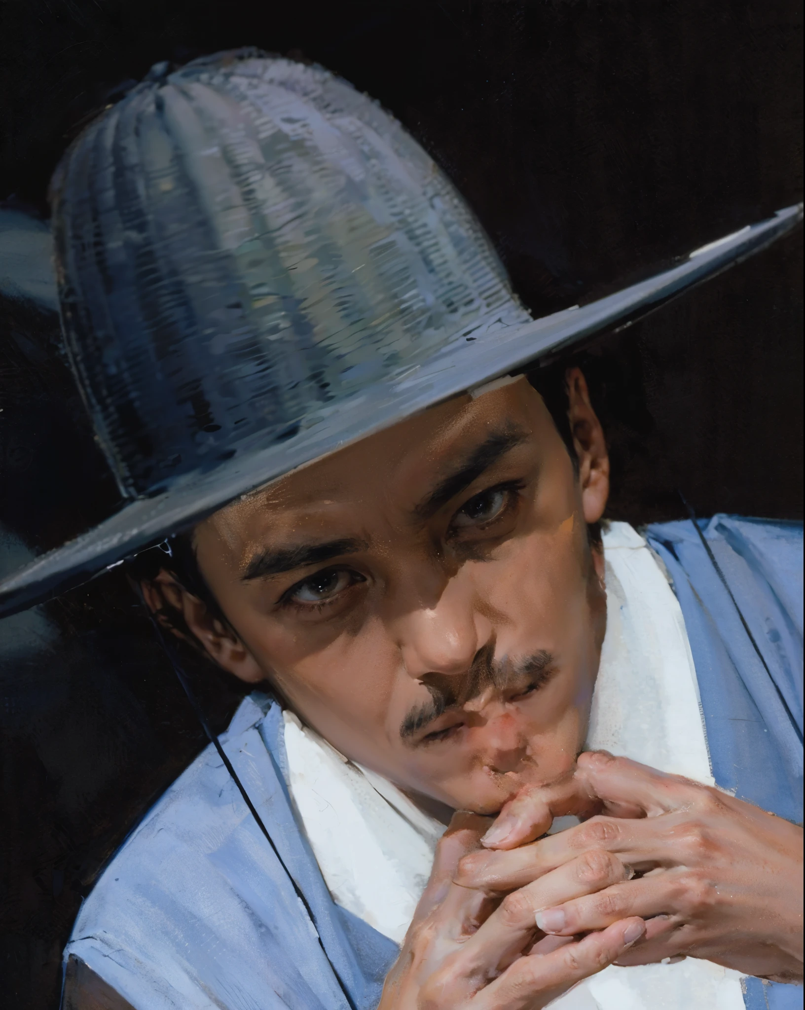 best quality,masterpiece,(painting:1.5),An ancient man from the Ming Dynasty of wearing blue hanfu,fierce的眼神 hard to death,Staring at middle-aged men,Asian,a pair of men's hands,a pair of rough hands,A man's palm,General,sharp eyes eyes and,husband wearing blue clothes,wearing a hat,sit on bench, Inspired by Shin Saimdang, traditional clothing, traditional clothing, Hanbok, noble clothing, korean Hanbok, aristocratic appearance, Korean male, Wear period-appropriate clothing, classical robe, precise, Wearing noble robes, Wearing nt Chinese clothing,Dark brown wide-sleeved Hanfu,firm eyes,fierce,Handsome man,man,(a detailed painting:0.353),(文艺复兴古典painting风格:0.8)