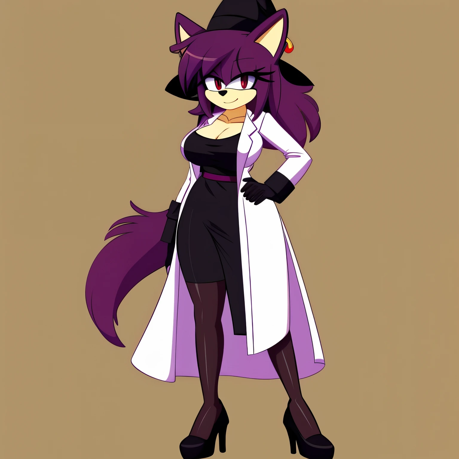 Female, mobian, dark purplish maroon fur, (long sleeve), black tube dress, ((long coat)), (dark purplish maroon lab coat), (black high heels), red eyes , red eyes, (average sized breasts), cleavage, lab coat over dresasterpiece)))), Female, Mobian, Cat, Amy Rose hair style, large hair bangs, dark purplish maroon fur, red colored eyes, (black long sleeve tube dress), black high heels, open dark purplish maroon coat, (((open lab coat))), (very long coat), dark purplish maroon cat tail, (average sized breasts), ((perfect hourglass figure)), looking at viewer, one hand on hip, one hand at side, dark purplish maroon witch like hat