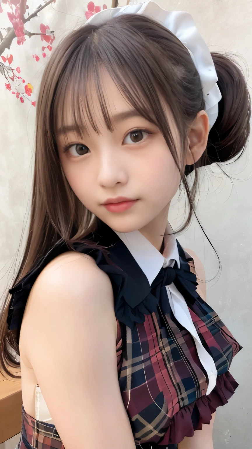 (smile)、(Masseter muscle part、highest quality、Mysterious、Beautiful and cute、perfect human body balance、official art:1.2)、(1 girl:1.3)、(big breasts:1.2)、shiny skin、pattern、(Plaid lolita dress with detailed ruffles:1.2)、(In front of the cafe:1.3)、(Tie a high ponytail with a thin ribbon:1.3)、(masterpiece portrait)、Japanese、12 years old、brown eyes)、exotic wallpaper、Very chic、abstract background、Fantastic