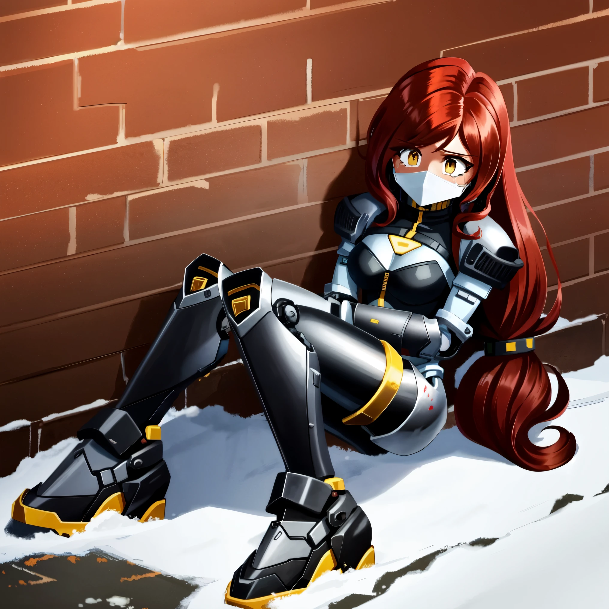 A female (average complexion,muscular,long curly red hair) is locked in a bulky mech suit making her look as character N from Murder Drones. She hides in an alley as she doesn’t know how she’s wearing the suit. (Best quality, ultra High Definition, 4k, extremely detailed) a Red head girl is huddled in an alley way, crying as she looks upon the armor she’s trapped in. The armor, with battle damage and worn paint, looks like robot N from the Tv series Murder Drones. The girls body is encased in the suit, with a black bomber jacket and black bra/undersuit sitting ontop. A metallic full-head armored mask is stuck to her face, unable to be removed and sealing her face inside. Long black treaded robot boots are encasing the girls’ legs. She looks upon this outfit with confusion, as she has no idea how this armor came to be on her. She has tears in her eyes, as her red hair drapes over the armor, the curls making the hair look more full. The alley in which she hides gives off a cold feeling, as snow blankets the ground, with grey decrepit brick buildings up and down the perpendicular street. Heavy fog is coming in, with snowfall starting to cover the girl and surrounding abandoned buildings.