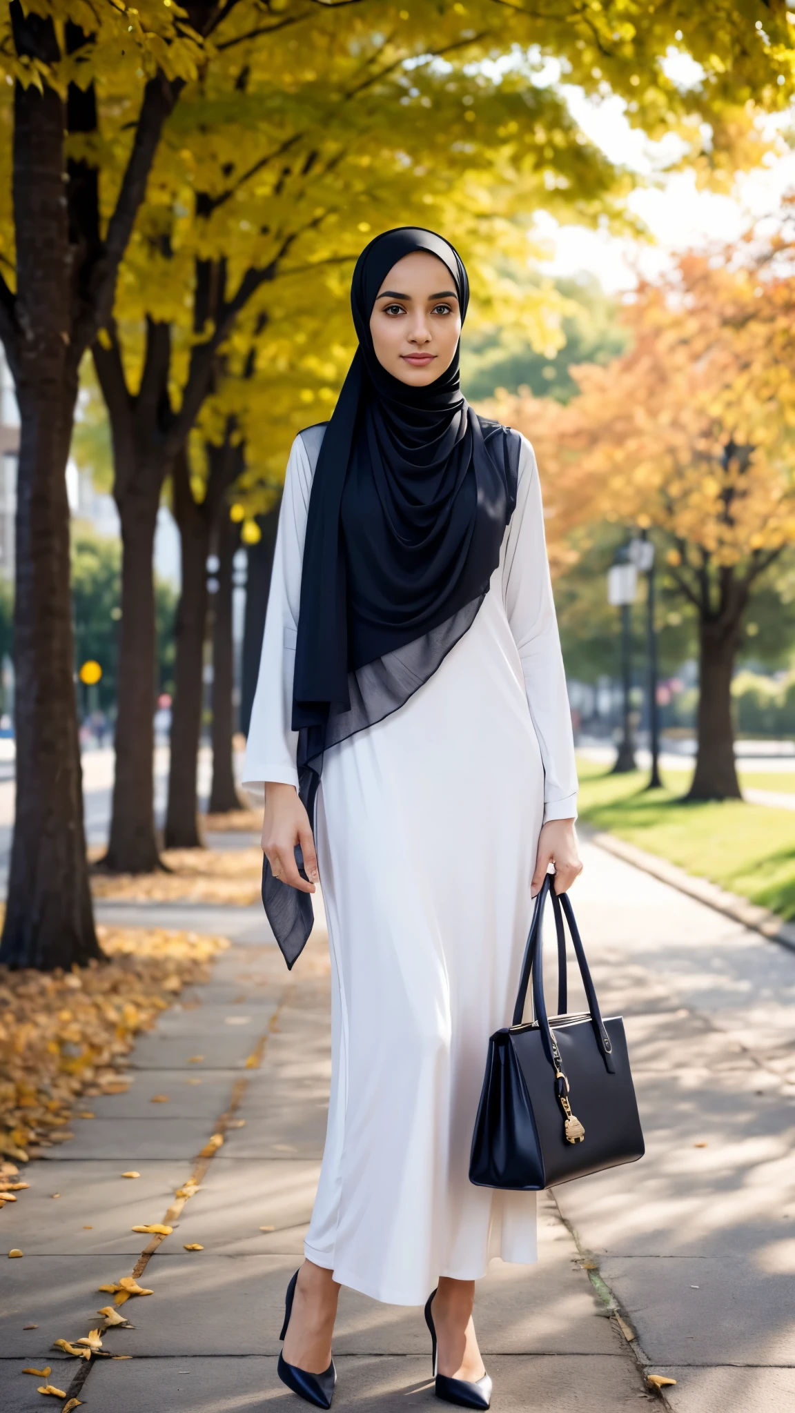 A 15-year-old Arab girl wearing a black abaya, sports shoes and black socks, standing on a wall
