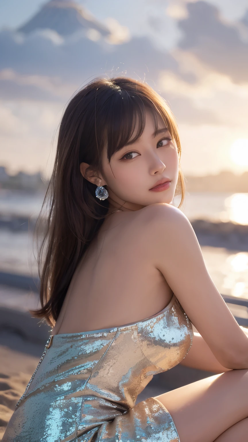 Masterpiece, 4K, bokeh, Photorealistic, high school girl sitting on the beach, (Japanese idle:1.6), Lightbrown long hair, Light brown eyes, Plump breast, Looking at the viewer, Blushed face, Close up, (Silver metallic dress), (Gemstones decoration:1.2, Colorful Gemstones:1.2), (Dress embellished, Sequins), sunset seashore, Beautiful sky and clouds,