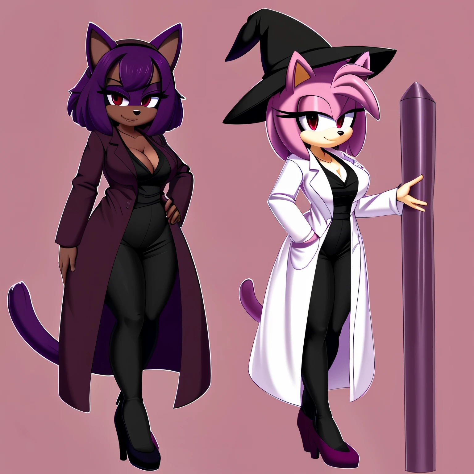 Female, mobian, dark purplish maroon fur, (long sleeve), black tube dress, ((long coat)), (dark purplish maroon lab coat), (black high heels), red eyes , red eyes, (average sized breasts), cleavage, lab coat over dresasterpiece)))), Female, Mobian, (Cat), Amy Rose hair style, large hair bangs, dark purplish maroon fur, red colored eyes, (black long sleeve tube dress), black high heels, open dark purplish maroon coat, (((open lab coat))), (very long coat), dark purplish maroon cat tail, (average sized breasts), ((perfect hourglass figure)), looking at viewer, one hand on hip, one hand at side, dark purplish maroon witch like hat
