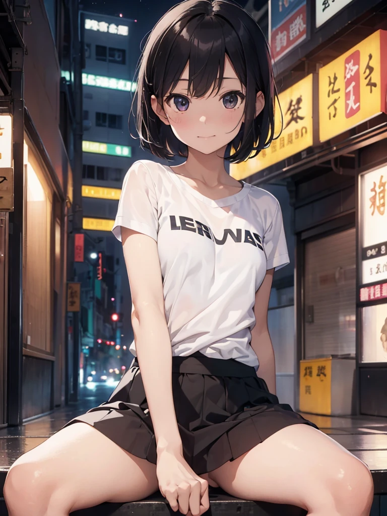 UHD, 8k, best quality, masterpiece, ultra detailed, photo realistic background, realistic texture, delicate skin,　、 solo girl, 10yo, black short hair, very small breasts, flat chest, junior idol, Hong Kong downtown apartment, innocent smile, night, neon light, thin body, short skirt, cute t-shirts, no bra, seducing, sitting, spread legs, looking at the camera、
