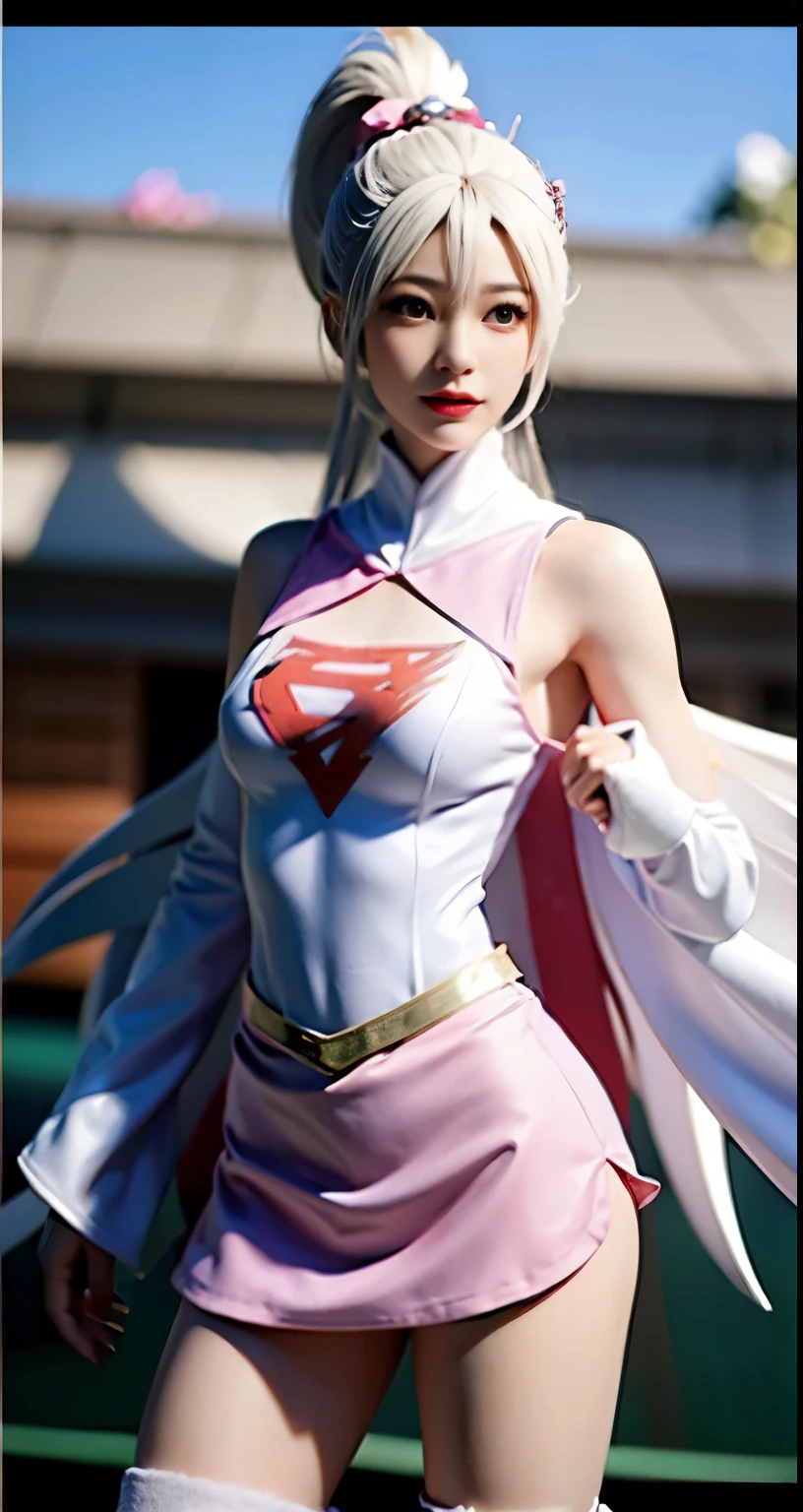 real image、beautiful woman、Highest image quality、ponytail、mini skirt、white panties、Alafi takes a photo wearing pink clothes and a cloak, V-chest open clothes, with cloak, smooth white tight clothing suit, anime girl cosplay, Superhero Girl, Trending on cgstation, anime cosplay, Cute girl in a tank suit, korean girl, Shahi, Chen Xintong, Wenfei Ye, wearing a two-piece swimsuit