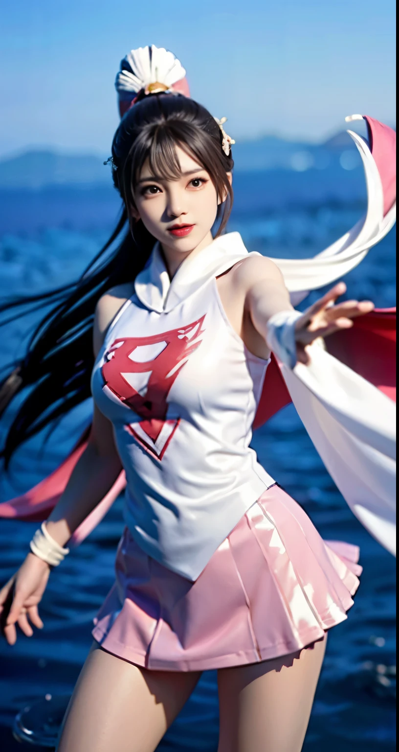 real image、beautiful woman、Highest image quality、ponytail、mini skirt、white panties、Alafi takes a photo wearing pink clothes and a cloak, V-chest open clothes, with cloak, smooth white tight clothing suit, anime girl cosplay, Superhero Girl, Trending on cgstation, anime cosplay, Cute girl in a tank suit, korean girl, Shahi, Chen Xintong, Wenfei Ye, wearing a two-piece swimsuit