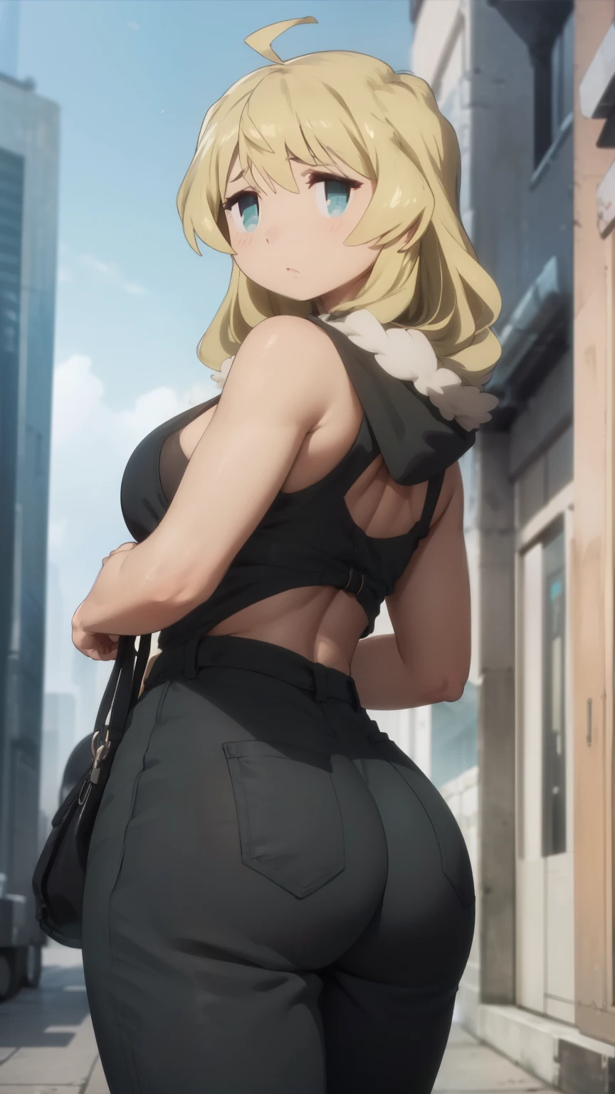 (masterpiece, highest quality, best quality, official art, beautiful and aesthetic: 1.2), (1girl), extremely detailed, (fractal art: 1.3), highest detailed, lower boddy focus, lower body, HDR, ), vivid visual effects, (dynamic stripes, luminous traces: 1.2), back viee, nude, hip focus, sexy, wide hips, thicc figure, completely naked, abs, muscular, ass, ass focus. Looking at viewer, looking back, Detailed face, Detailed eyes, perfect face, perfect eyes, seras, wearing overall jumpsuit, overall jumpsuit, exposed thighs