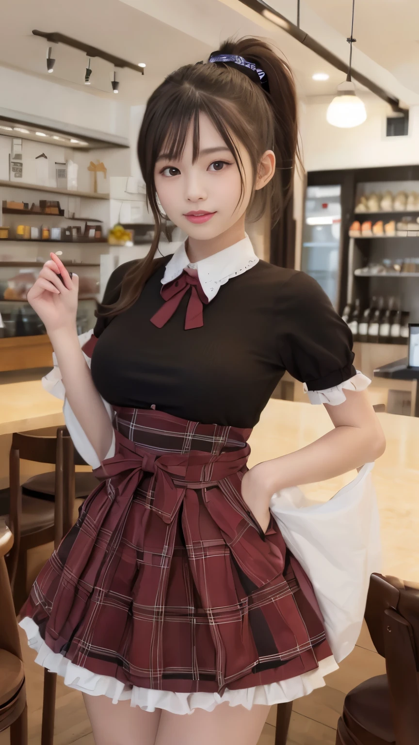 (smile)、(Masseter muscle part、highest quality、Mysterious、Beautiful and cute、perfect human body balance、official art:1.2)、(1 girl:1.3)、(big breasts:1.2)、shiny skin、pattern、(Plaid lolita dress with detailed ruffles:1.2)、(In front of the cafe:1.3)、(Tie a high ponytail with a thin ribbon:1.3)、(masterpiece portrait)、Japanese、16 years old、brown eyes)、exotic wallpaper、Very chic、abstract background、Fantastic