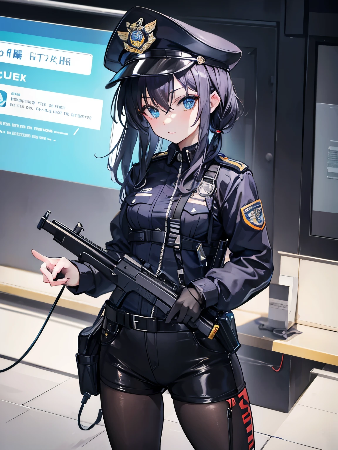 ,****ung cool girl, solo,look at the camera,wear police suit,extremely detailed CG unity 8k wallpaper,illustration,lens 135mm,masterpiece,(bracelet:1.3),(metal collar:1.3),white background,masterpiece,bestquality,masterpiece,best eyes,Standing, black quality,black_hair, masterpiece,best quality,dark persona,masterpiece,best quality,