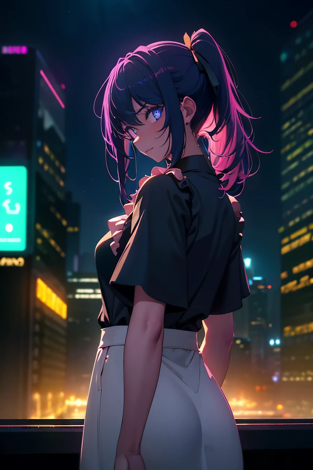 In the heart of a bustling night city, two enchanting girls capture the attention of onlookers with their alluring presence. The scene is set against the backdrop of a dark, intriguing urban landscape, where neon buildings and glowing lights paint the night sky with vibrant colors.

The first girl stands proudly in the foreground, bathed in soft, warm lighting that accentuates her high-detailed, porcelain-like skin (1.2). She dons a playful apron, adding an irresistible charm to her sultry appearance. Her long, flowing ponytail cascades down her back, catching the reflected neon lights and shimmering