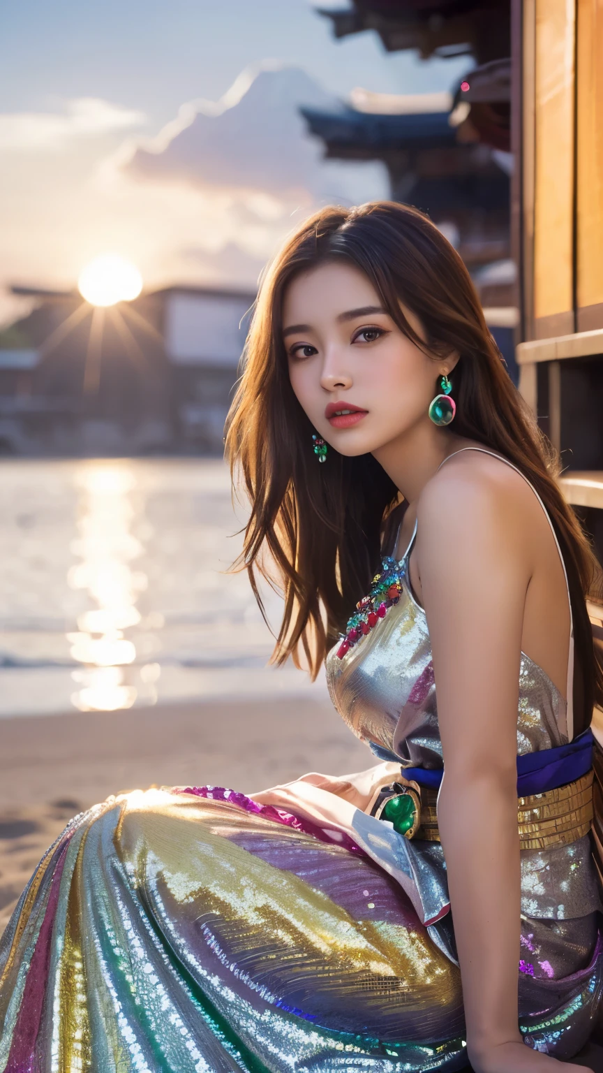 Masterpiece, 4K, bokeh, Photorealistic, high school girl sitting on the beach, (Japanese idle:1.6), Lightbrown long hair, Light brown eyes, Plump breast, Looking at the viewer, Blushed face, Close up, (Silver metallic dress), (Gemstones decoration:1.6), (Colorful Gemstones:1.6), (Dress embellished, Sequins), sunset building, Beautiful sky and clouds,