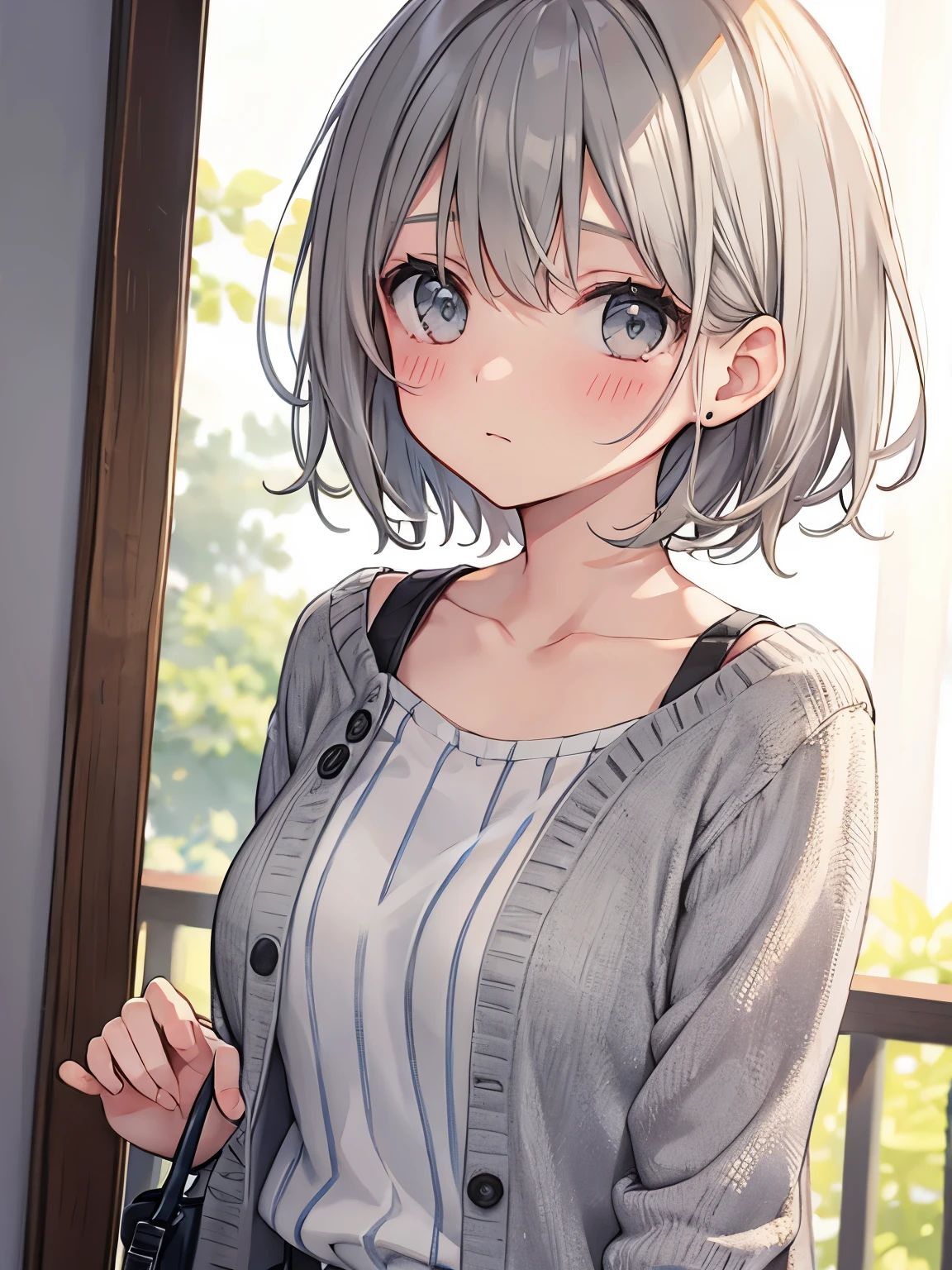 short gray hair, blush, embarrassment