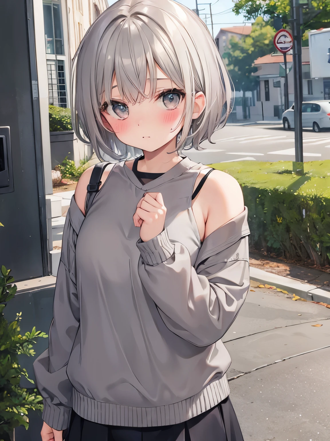 short gray hair, blush, embarrassment