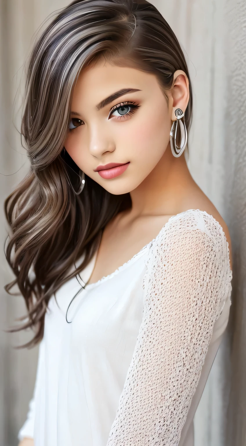 beautiful Liya silver, brown_eyes, ((beautiful slim age girl 18 year old, hair color [Brown highlights hair], [undercut pixie] hair)), earrings, lips, realistic, narrow waist, charming, pink lipstick, colorful makeup, long eyelashes, earrings, wearing eyeliner, fair skin, (cute), (detailed face), detailed eyes, detailed iris