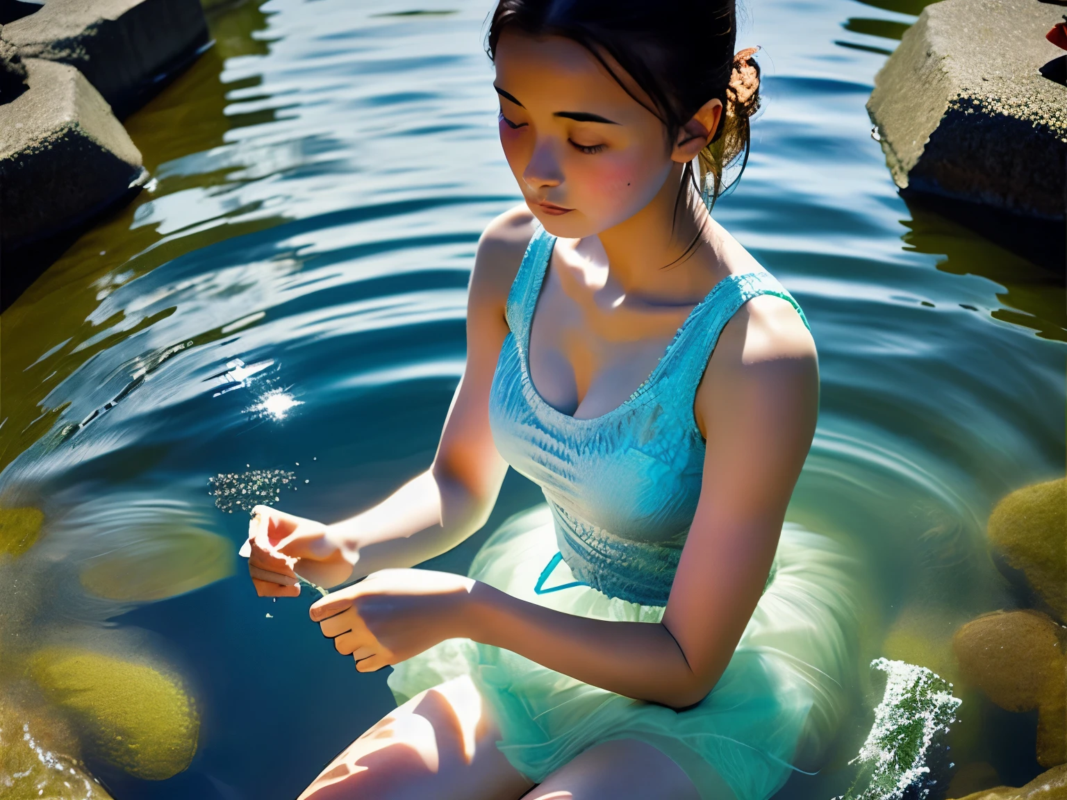 beautiful girl、15 years old、put one's feet in the water、look at your hands、lonely look、Washing in the river