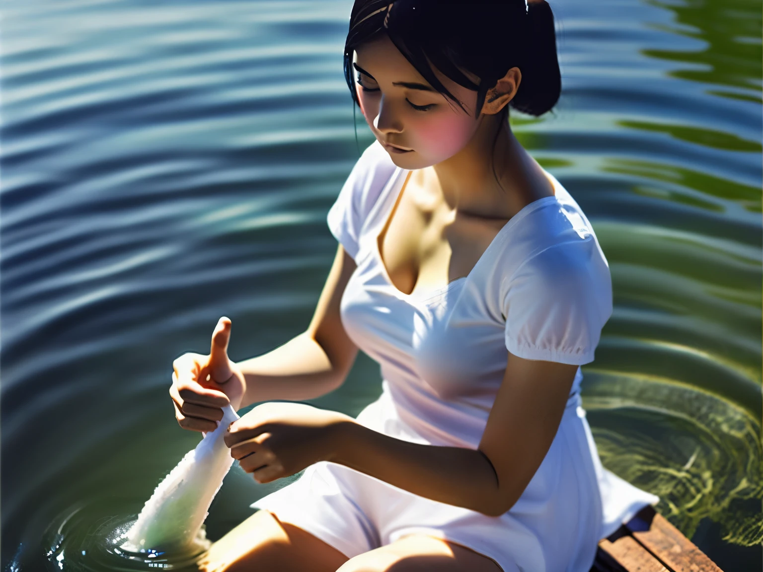 beautiful girl、15 years old、put one's feet in the water、look at your hands、lonely look、Washing in the river