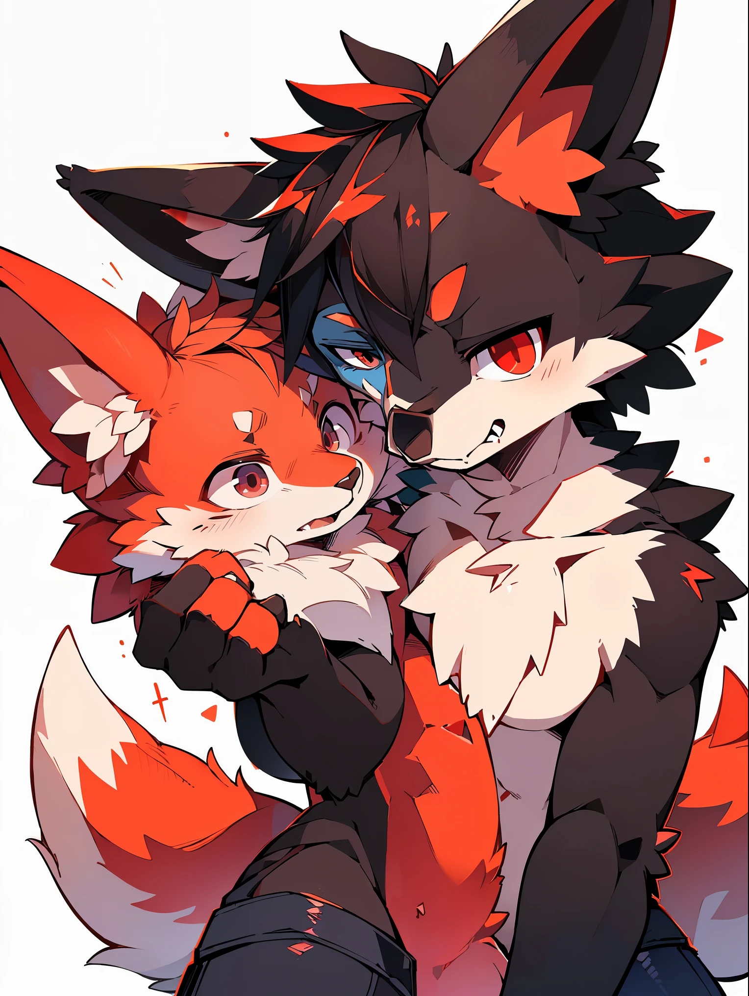 crystal, wolfdog, male, (detailed), fluffy, alone, , lifelike, ((clear structure、meticulous、reality, meticulous的眼睛, (red eye pupils), ((blood red eyes)), good quality, high detail, meticulous的毛皮, ((The tail is in the right position) , Fur with black as the main color and red as the secondary color,The face is dark gray,With a white collar