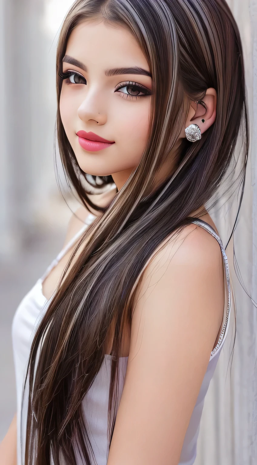 beautiful Liya silver, brown_eyes, ((beautiful slim age girl 18 year old, hair color [Brown highlights hair], [undercut pixie] hair)), earrings, lips, realistic, narrow waist, charming, pink lipstick, colorful makeup, long eyelashes, earrings, wearing eyeliner, fair skin, (cute), (detailed face), detailed eyes, detailed iris