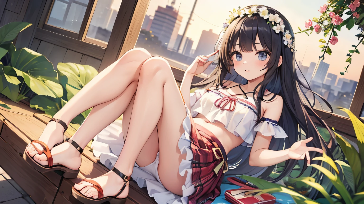 High school girl with a bohemian atmosphere。Floral pattern maxi skirt、Pair it with a cut-and-sew crop top、Feel light on your feet with sandals。Hair has natural waves、put on a flower crown