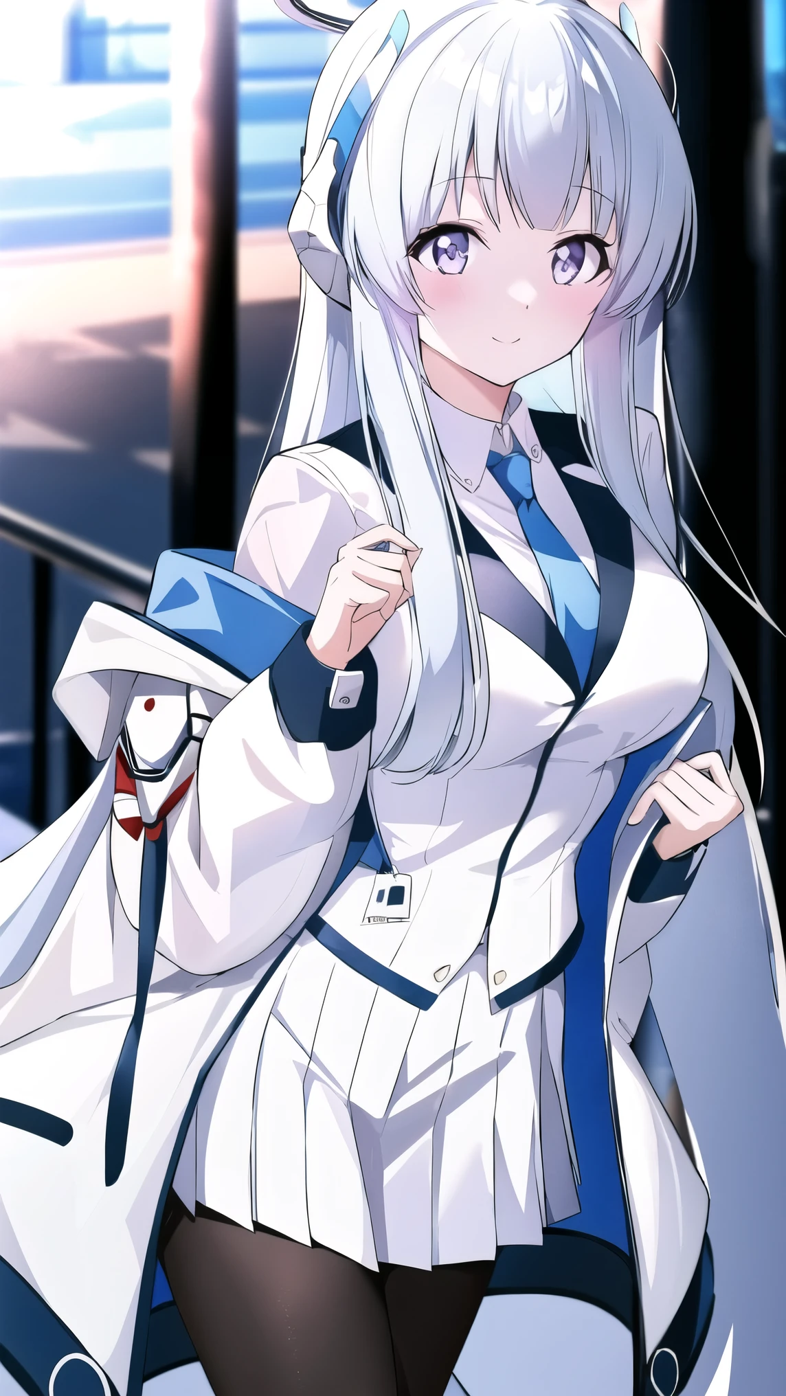 (A superb exquisite ushio noa), 8k, Ultra high resolution, (masterpiece:1.2), (best quality, finely detailed beautiful eyes), extremely delicate, solo, real light and shadow, standing, natural moving, BREAK (blue necktie, white shirt, off shoulder, white jacket, open jacket, long sleeves, white skirt, pleated skirt, black pantyhose), outdoor,