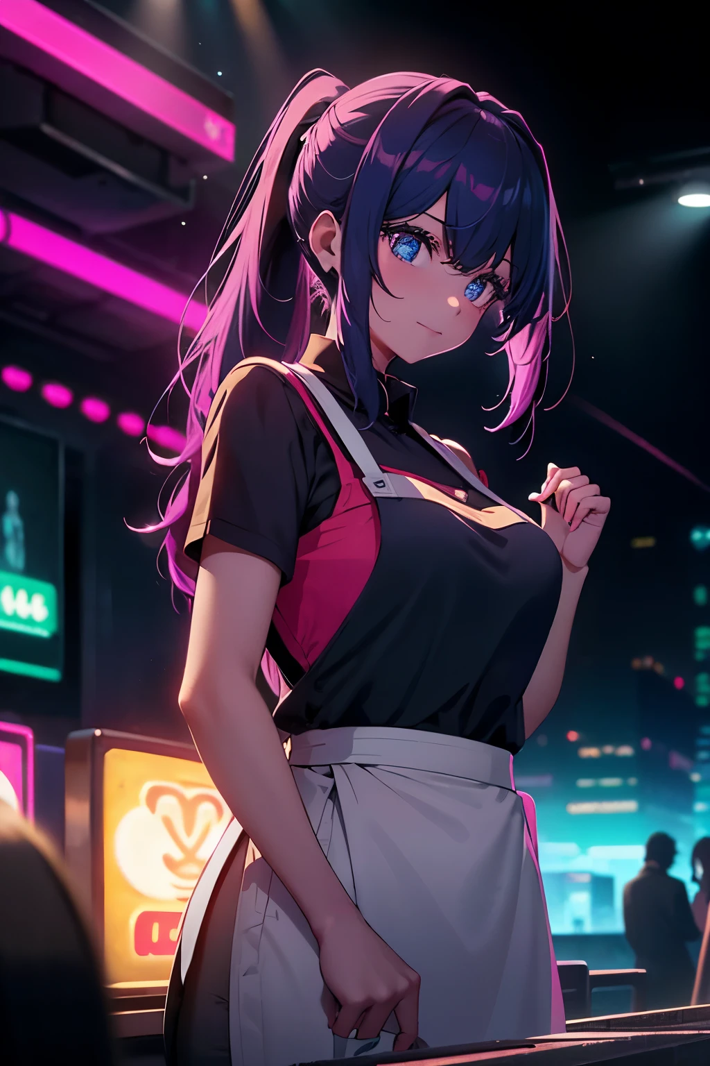 In the heart of a bustling night city, two enchanting girls are captured in an 8K ultra-high definition image, expertly framed with a DSLR camera. The soft lighting (1.2) caresses their high-detailed skin, illuminating their porcelain complexions and accentuating every curve and feature.
The first girl, with long, shimmering ponytail, dons an apron, adding a playful touch to her allure. Her lewd face, bathed in the neon lights, shines with irresistible charm as she gazes seductively into the distance. The dark background amplifies the intensity of the neon