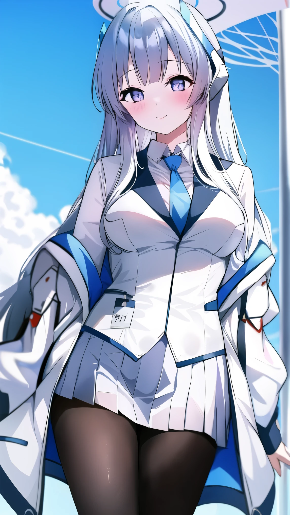 (A superb exquisite ushio noa), 8k, Ultra high resolution, (masterpiece:1.2), (best quality, finely detailed beautiful eyes), extremely delicate, solo, real light and shadow, standing, natural moving, BREAK (blue necktie, white shirt, off shoulder, white jacket, open jacket, long sleeves, white skirt, pleated skirt, black pantyhose), outdoor,