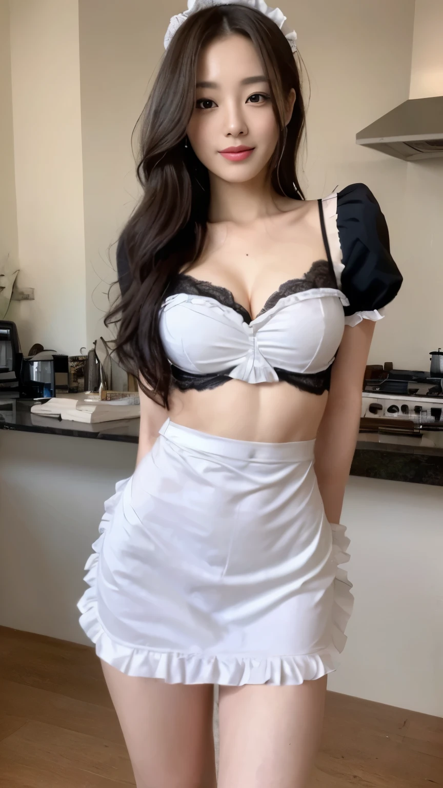 ((top-quality、8k、masterpiece:1.3))、Beautiful woman with perfect body:1.4、slim abdomen:1.2、Longhair, normal breast, Highly detailed facial and skin texture, A detailed eye, delicate eyes, double eyelid, (smile), (full body shot), ((kitchen)), (standing), ((wearing maid costume 1.1)), looking in front