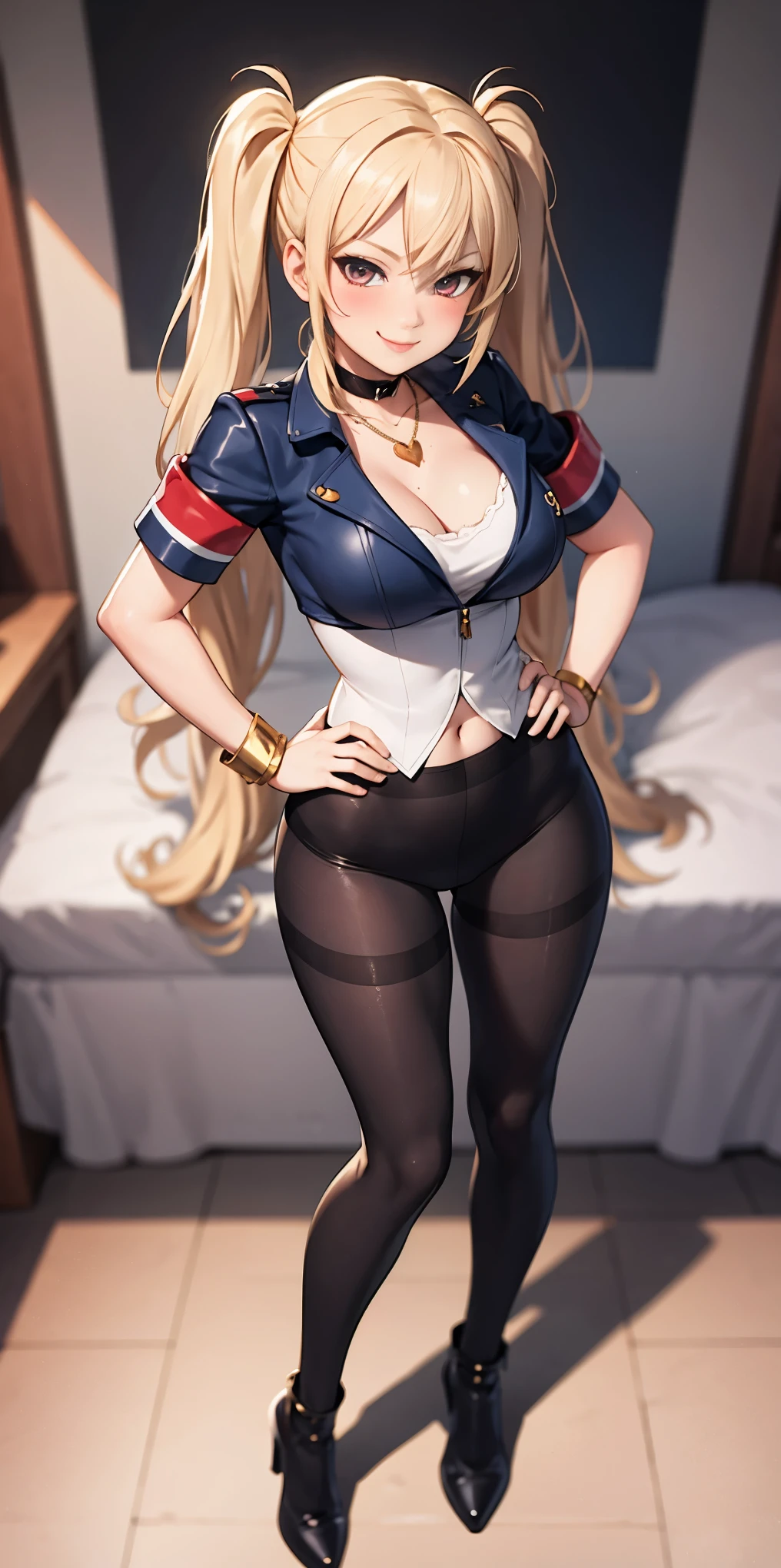 1solo Milf full body standing straight symmetrical, looking at viewer, hands on hips, twin drills twintails, striped pantyhose, golden handcuffs on their hands with a black leather collar around the golden heart necklace, hands on hips, lustful smirking smile face red blushed