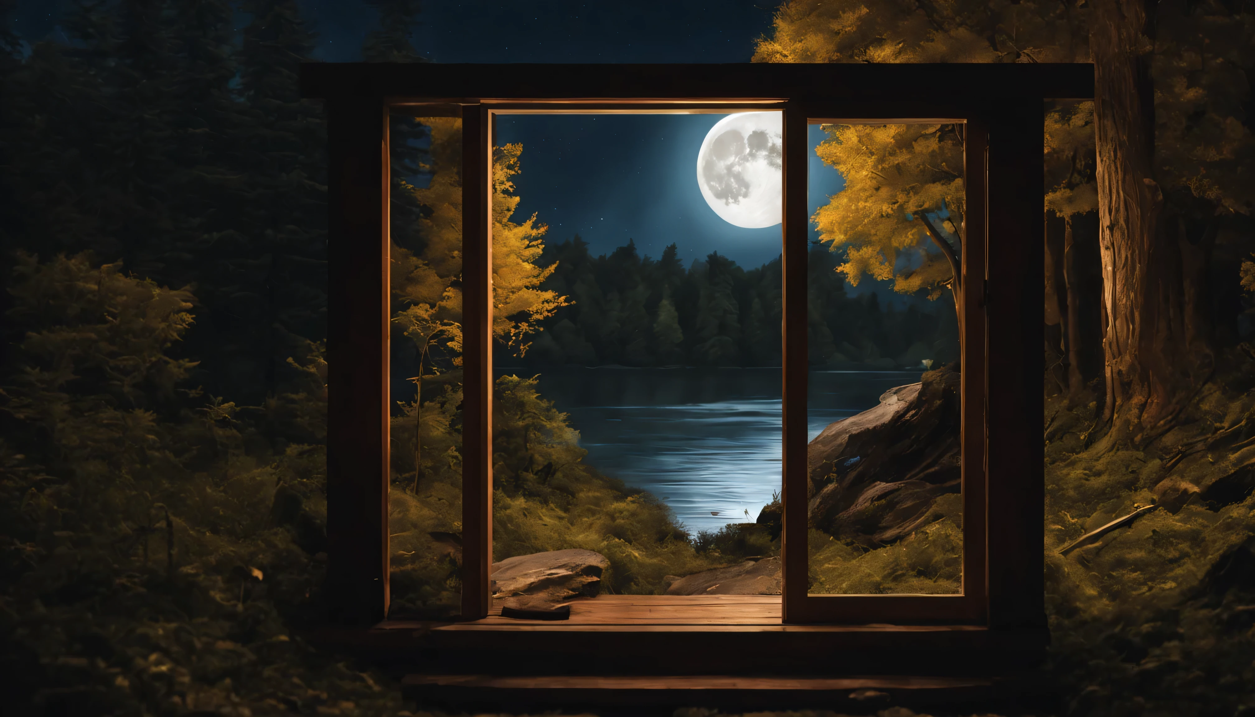 in a small wooden house in the middle of the forest under the night sky the view of the art is taken from inside the house being the view through the window with the moon appearing in the distance illuminating the river that runs next to the house the style of the art is realistic and with a masterpiece tone