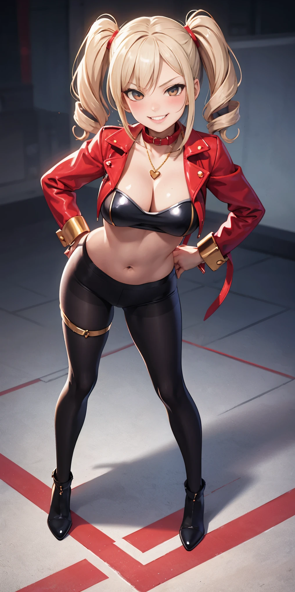 1solo Milf full body standing straight symmetrical, looking at viewer, hands on hips, twin drills twintails, striped pantyhose, golden handcuffs on their hands with a black leather collar around the golden heart necklace, hands on hips, lustful smirking smile face red blushed